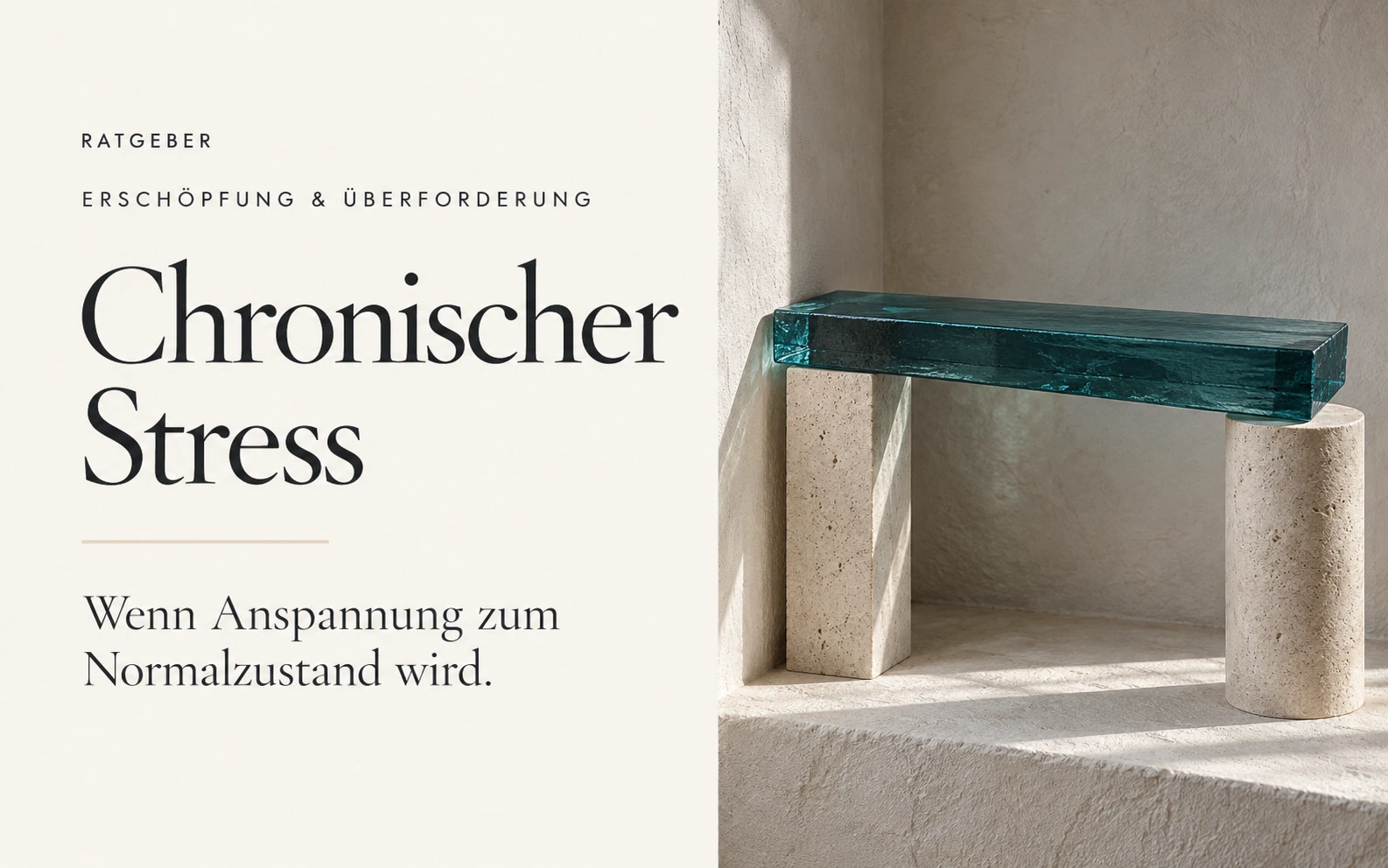 Chronischer Stress: Eine schwere petrolfarbene Glasplatte ruht auf zwei Stützen. Titelcreative über anhaltende Belastung.