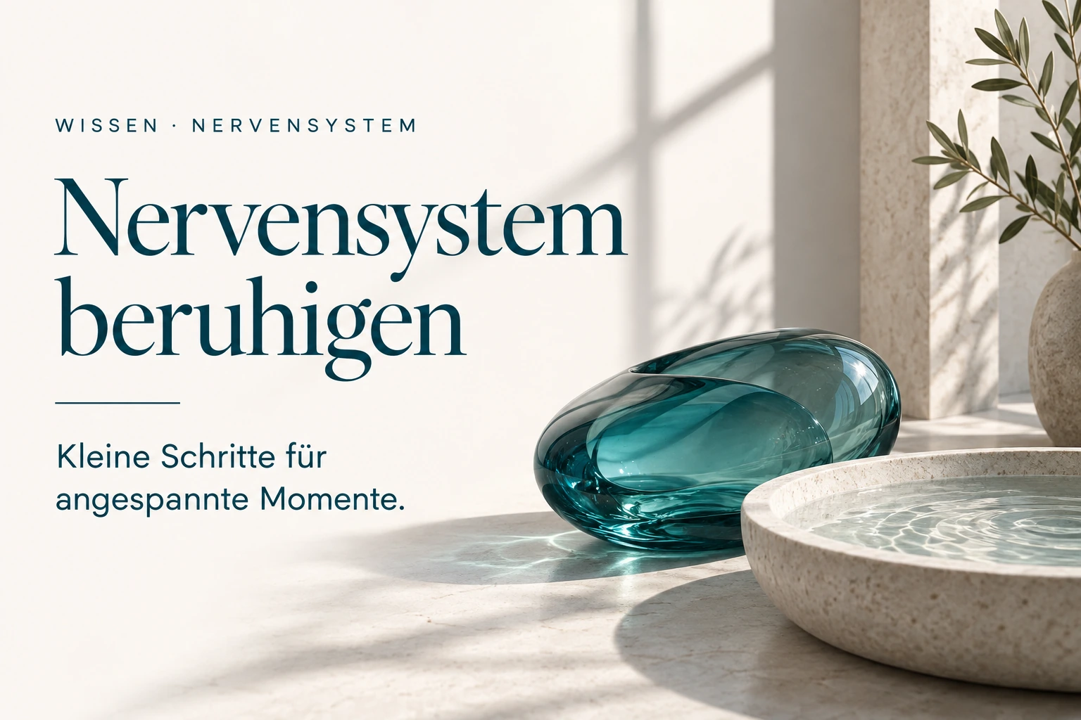 Nervensystem beruhigen: Ein ruhiges petrolfarbenes Glasobjekt neben feinen Wellen und dem Untertitel Kleine Schritte für angespannte Momente.