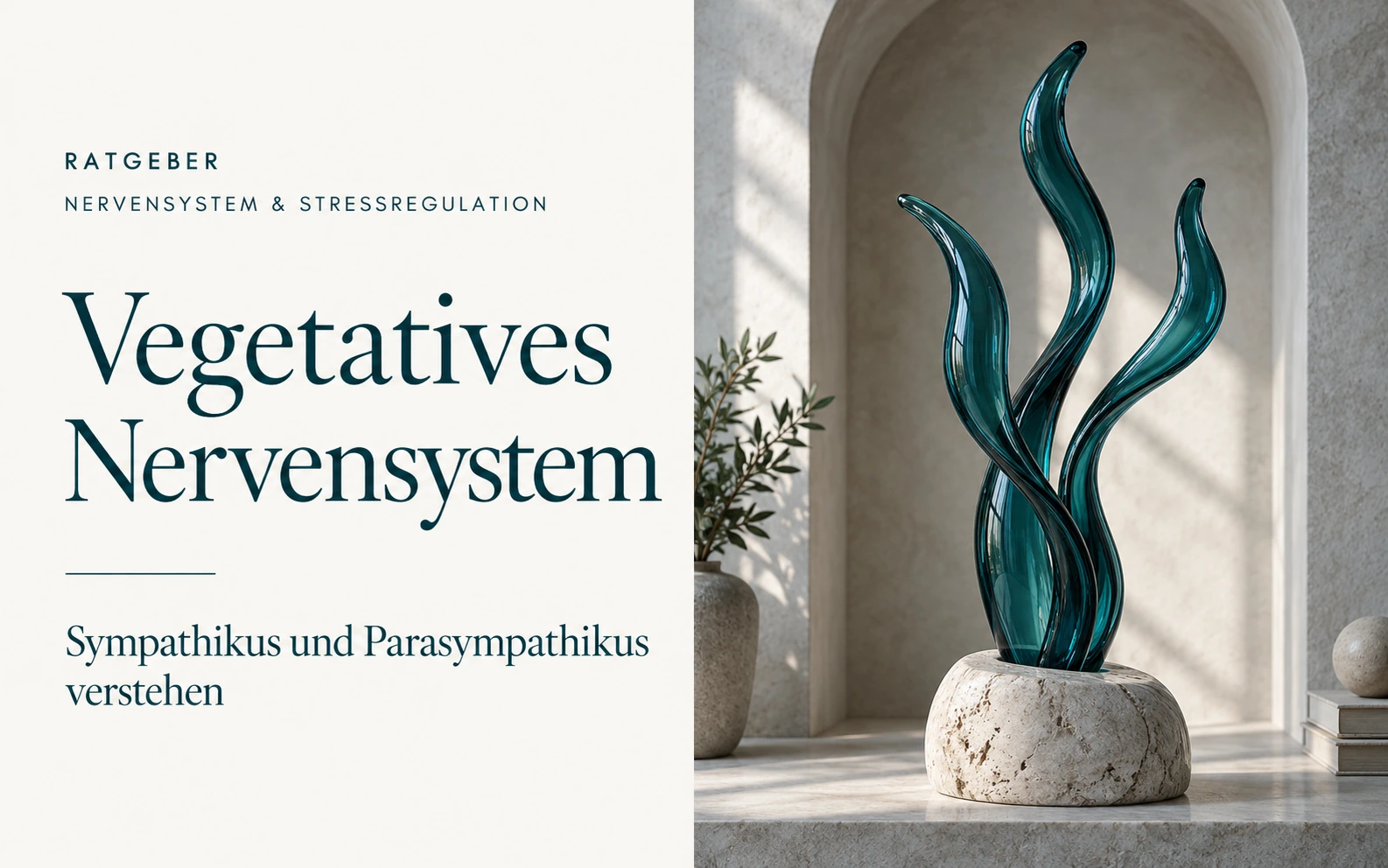 Titel-Creative zum vegetativen Nervensystem: Drei verbundene petrolfarbene Glaszweige als Metapher für Zusammenspiel.