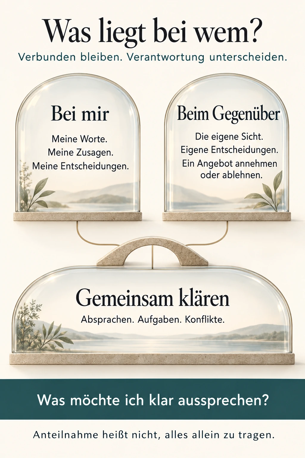 Verantwortung unterscheiden: Bei mir liegen meine Worte, Zusagen und Entscheidungen. Bei der anderen Person liegen ihre Sicht und ihre Entscheidungen. Gemeinsam zu klären sind Absprachen, Aufgaben und Konflikte. Daraus folgt die Frage: Was möchte ich klar aussprechen? Anteilnahme bedeutet nicht, alles allein zu tragen.