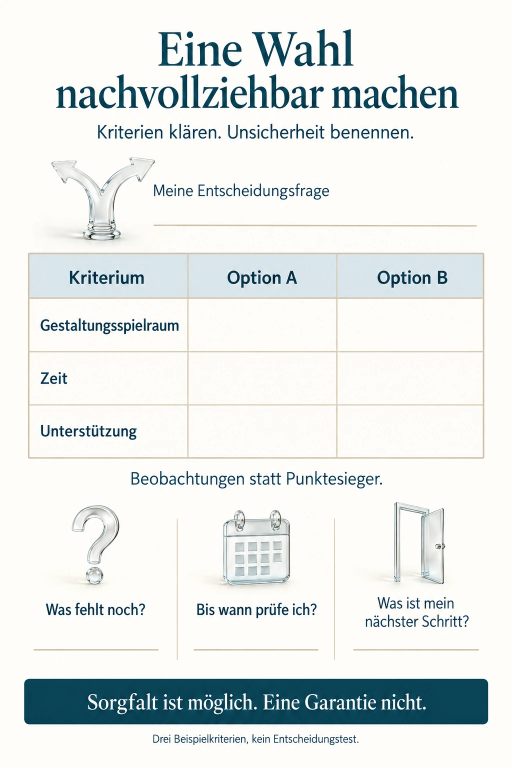 Eine Wahl nachvollziehbar machen: Entscheidungsfrage benennen, zwei Optionen anhand der drei Kriterien Gestaltungsspielraum, Zeit und Unterstützung vergleichen. Beobachtungen statt Punktesieger. Danach offene Informationen, Prüfdatum und nächsten Schritt festhalten. Die Matrix liefert keine Garantie für die richtige Wahl.