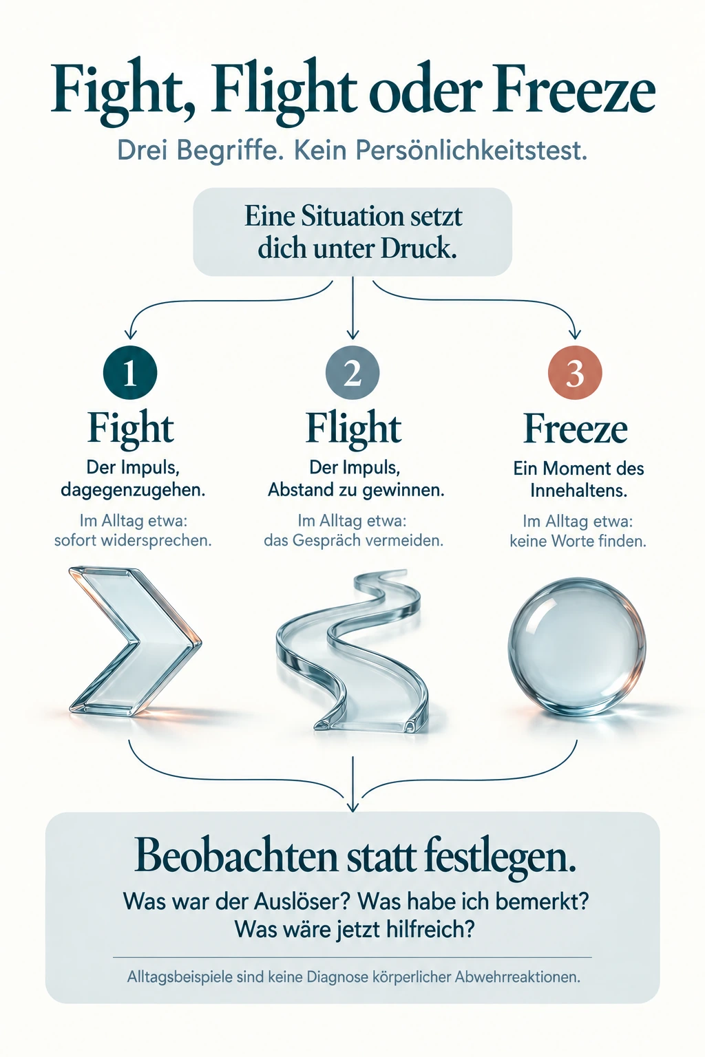 Ein Druckmoment mit drei möglichen Alltagsimpulsen: dagegengehen, Abstand gewinnen oder keine Worte finden. Alle Wege führen zur Reflexion: Auslöser, eigene Beobachtung und hilfreicher nächster Schritt. Keine Diagnose.