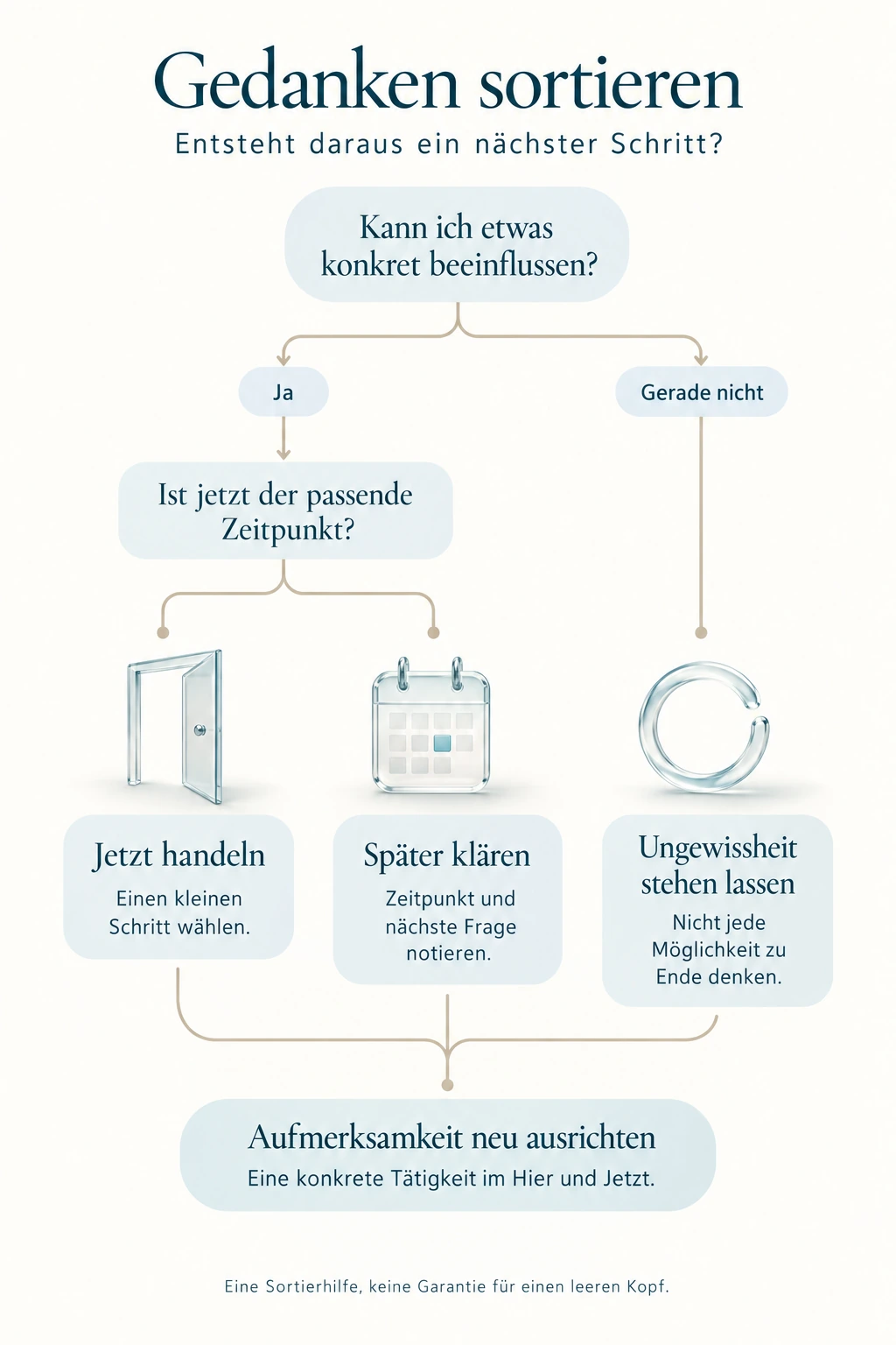 Gedanken sortieren: Kannst du etwas beeinflussen? Wenn ja, jetzt einen kleinen Schritt wählen oder einen späteren Zeitpunkt zur Klärung festhalten. Wenn gerade nicht, Ungewissheit stehen lassen und nicht jede Möglichkeit weiterdenken. Anschließend die Aufmerksamkeit auf eine konkrete Tätigkeit richten. Keine Garantie für einen leeren Kopf.