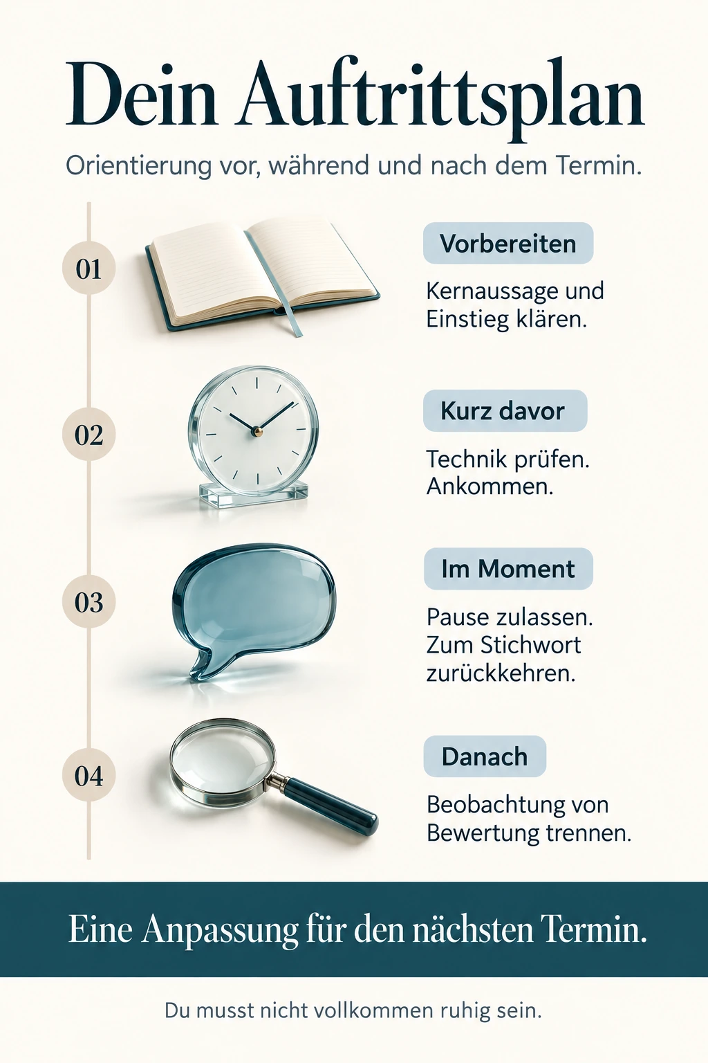 Auftrittsplan mit vier Zeitpunkten: Vorbereiten, Kernaussage und Einstieg klären. Kurz davor, Technik prüfen und ankommen. Im Moment, Pause zulassen und zum Stichwort zurückkehren. Danach, Beobachtung von Bewertung trennen und eine Anpassung wählen. Orientierung statt des Versprechens völliger Nervositätsfreiheit.