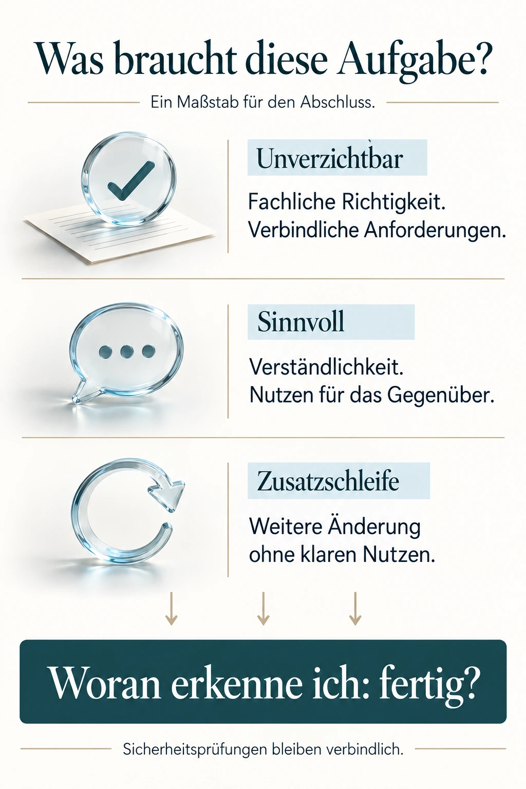 Ein Qualitätsraster mit drei Bereichen: Unverzichtbar, fachliche Richtigkeit und verbindliche Anforderungen. Sinnvoll, Verständlichkeit und Nutzen für das Gegenüber. Zusatzschleife, weitere Änderung ohne klaren Nutzen. Vor Beginn festlegen, woran die Aufgabe als fertig erkennbar ist. Sicherheitsprüfungen bleiben verbindlich.