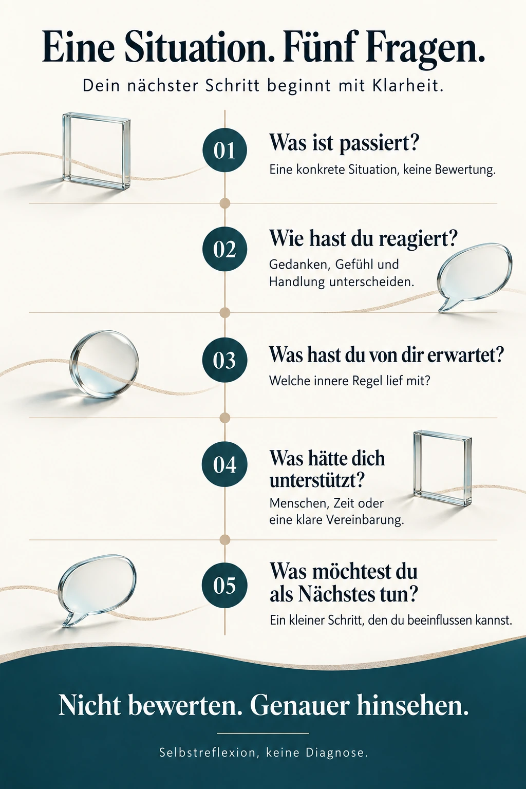 Fünf Reflexionsfragen: Was ist passiert? Wie hast du reagiert? Was hast du von dir erwartet? Was hätte dich unterstützt? Was möchtest du als Nächstes tun? Beschreibe eine Situation, unterscheide Gedanken, Gefühl und Handlung, prüfe Unterstützung und wähle einen beeinflussbaren Schritt. Keine Diagnose.