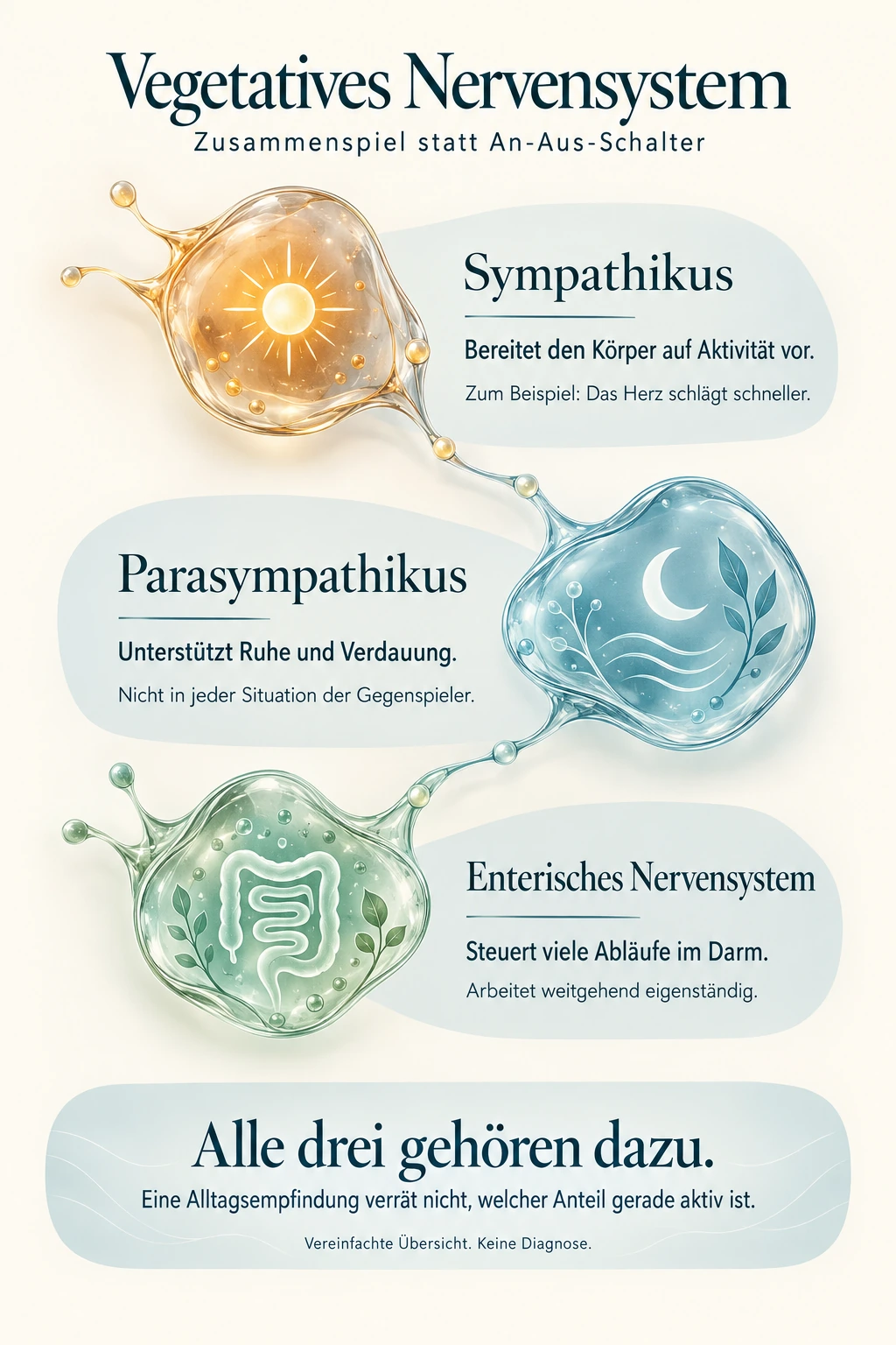 Drei verbundene Bereiche: Sympathikus bereitet Aktivität vor, Parasympathikus unterstützt Ruhe und Verdauung, das enterische Nervensystem steuert viele Darmabläufe. Die Grafik ist eine vereinfachte Übersicht, keine Diagnose.