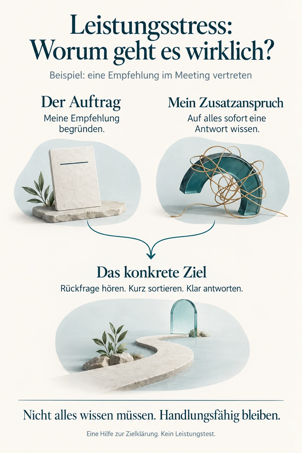 Drei Perspektiven auf ein Meeting: Der Auftrag lautet, eine Empfehlung zu begründen. Der zusätzliche Anspruch lautet, auf alles sofort eine Antwort zu wissen. Das konkrete Ziel lautet, eine Rückfrage zu hören, kurz zu sortieren und klar zu antworten. Ein Beispiel für Zielklärung, kein Leistungstest.